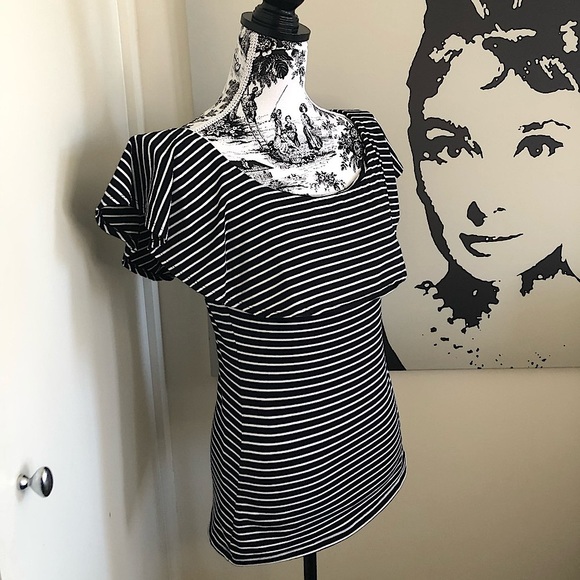 Seed Heritage Tops - SEED Black/White Stripe Ruffle Off Shoulder Top Casual Cotton Stretch Size S